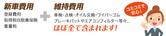 新車費用+維持費用(車検・点検・オイル交換・ワイパーゴムブレーキパットやエアコンフィルター等々...)ほぼ全て含まれます!